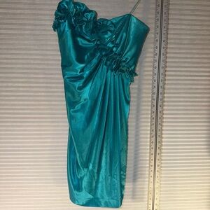 London Times Teal Satin Cocktail Dress Size 8 One Shoulder Ruffle Party Dress